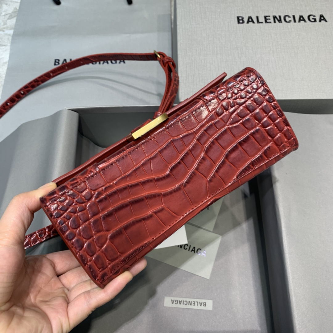 Balenciaga Hourglass XS Handbag Crocodile Embossed Shoulder Bag Burgundy